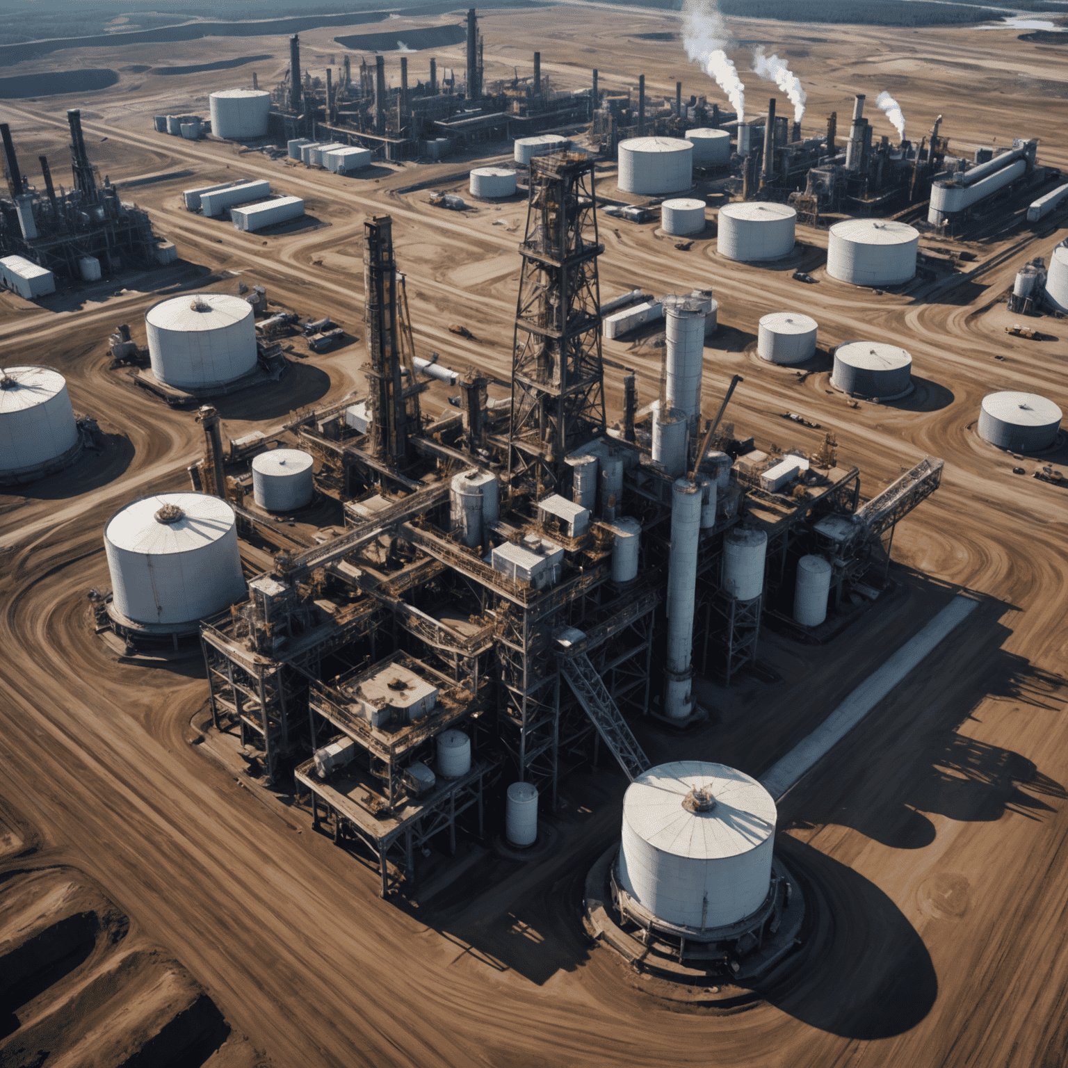 An aerial view of an oil extraction facility in the Canadian oil sands, showcasing the vast scale of operations with heavy machinery and processing plants amidst the rugged landscape.