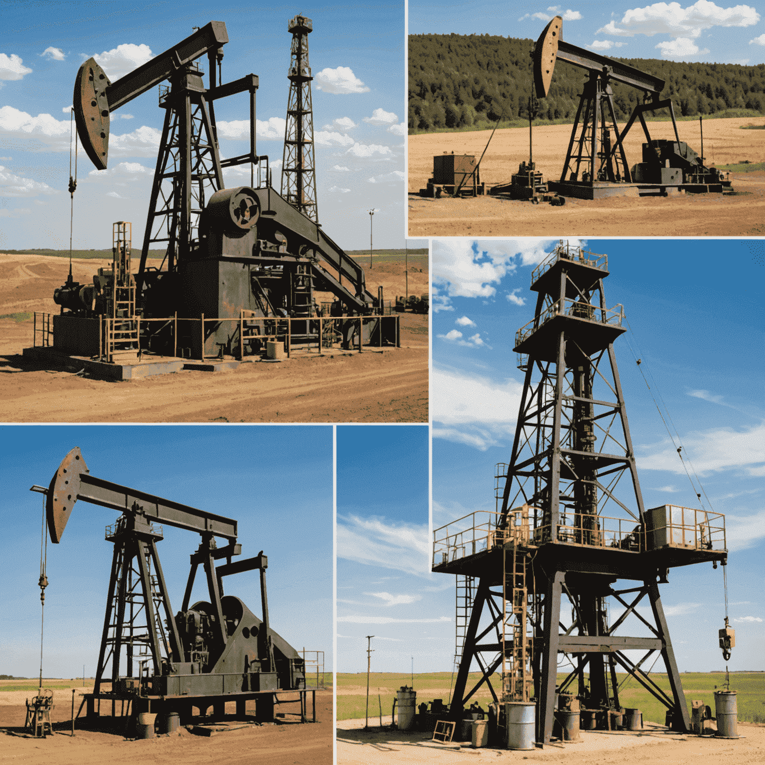 Various oil extraction methods including traditional oil derricks and modern fracking equipment in a split image layout