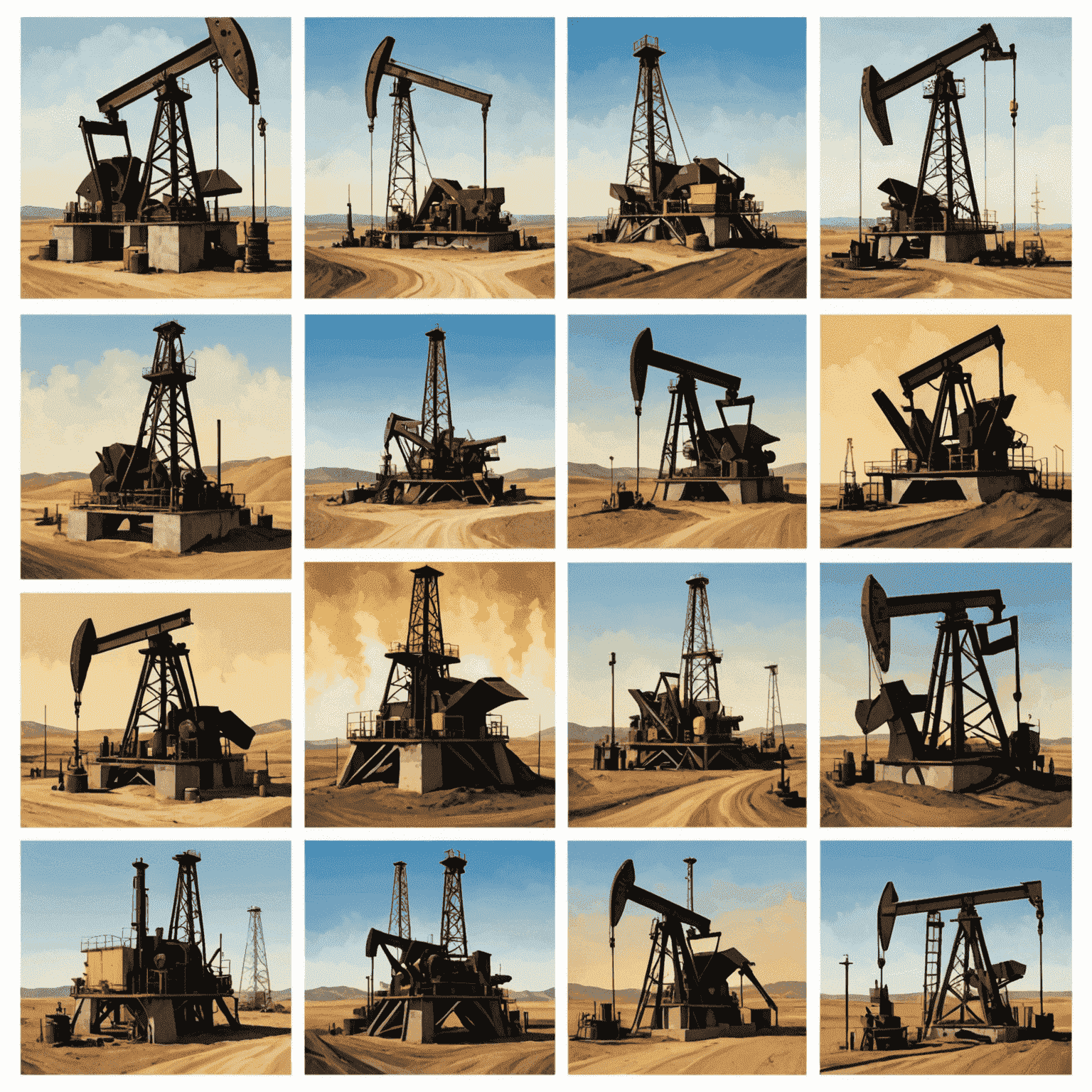 Various oil extraction methods including traditional oil derricks and fracking equipment in a split image layout