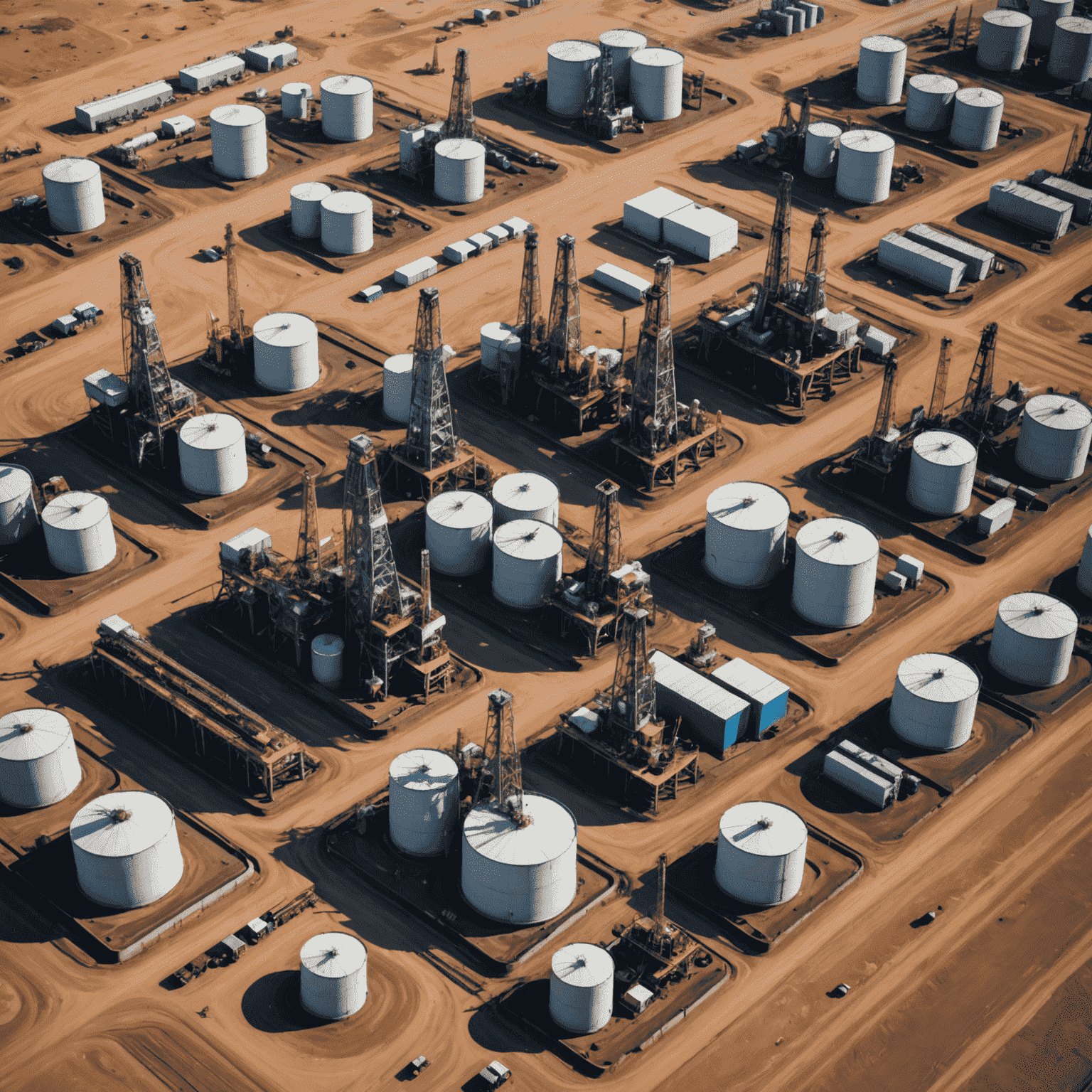 Aerial view of an oil field with multiple drilling rigs and storage tanks, showcasing the scale of oil extraction operations