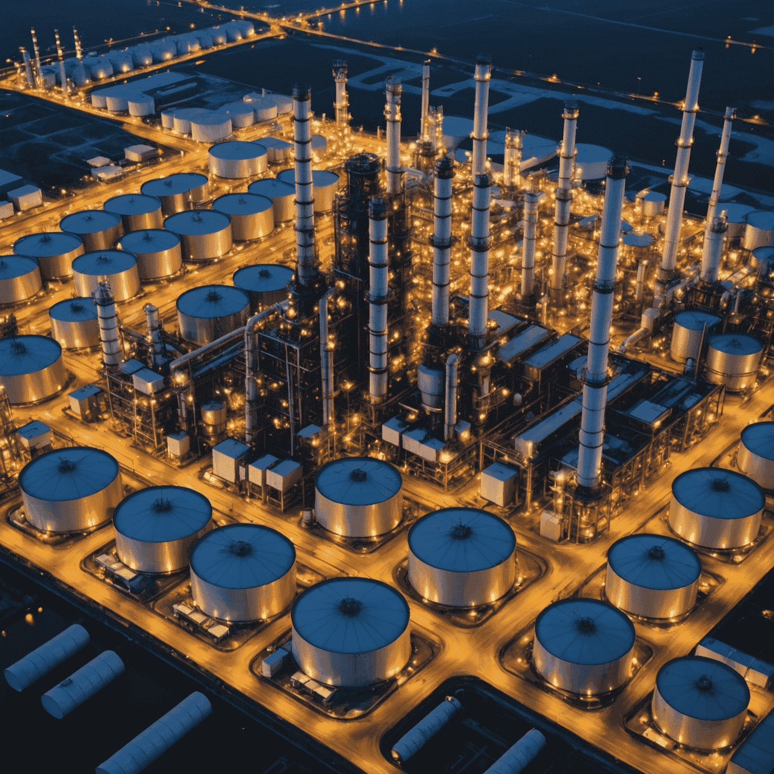 Aerial view of a large oil refinery with multiple distillation towers, storage tanks, and pipelines. The refinery is illuminated at night, showcasing the complex network of industrial structures involved in oil refining.