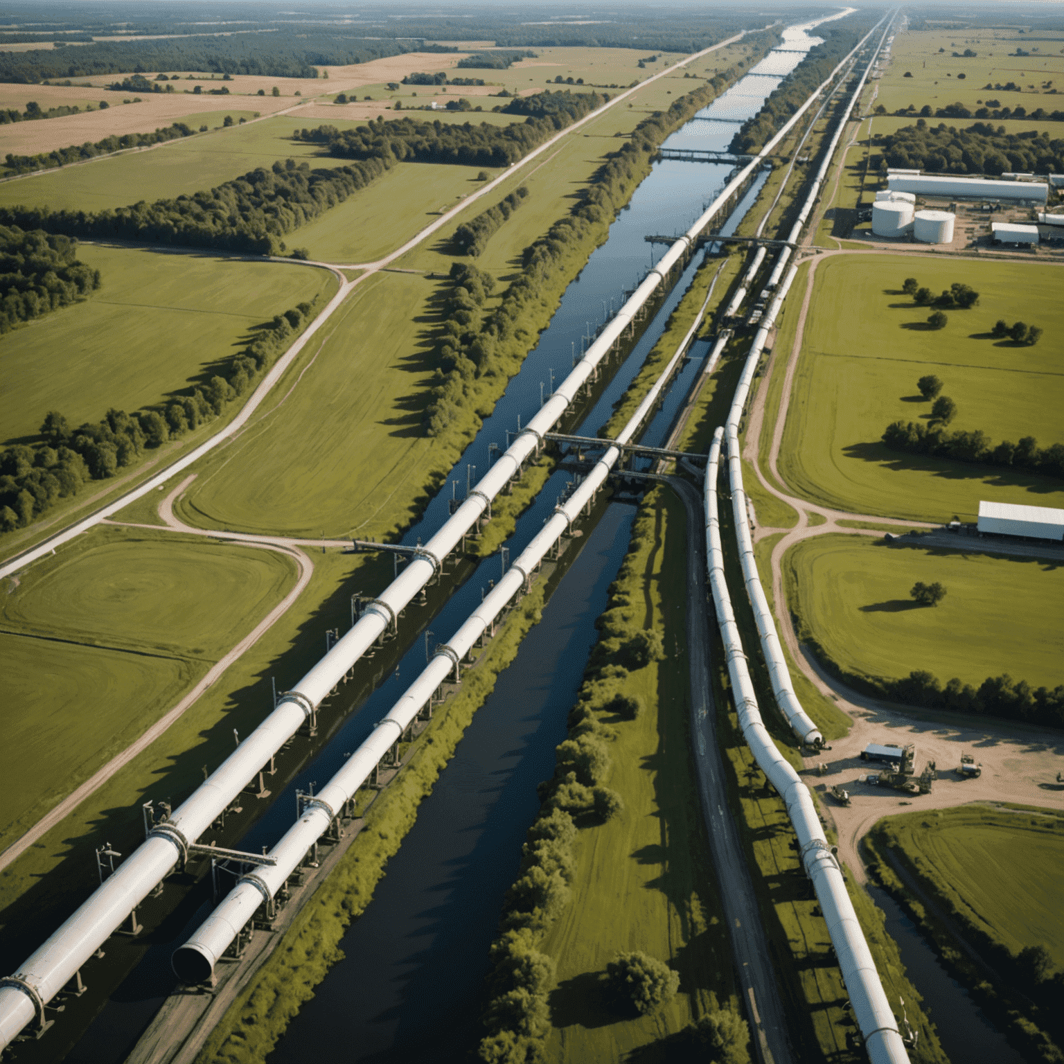 An aerial view of an oil pipeline stretching across diverse landscapes, showcasing its extensive reach and the scale of infrastructure involved in oil transportation