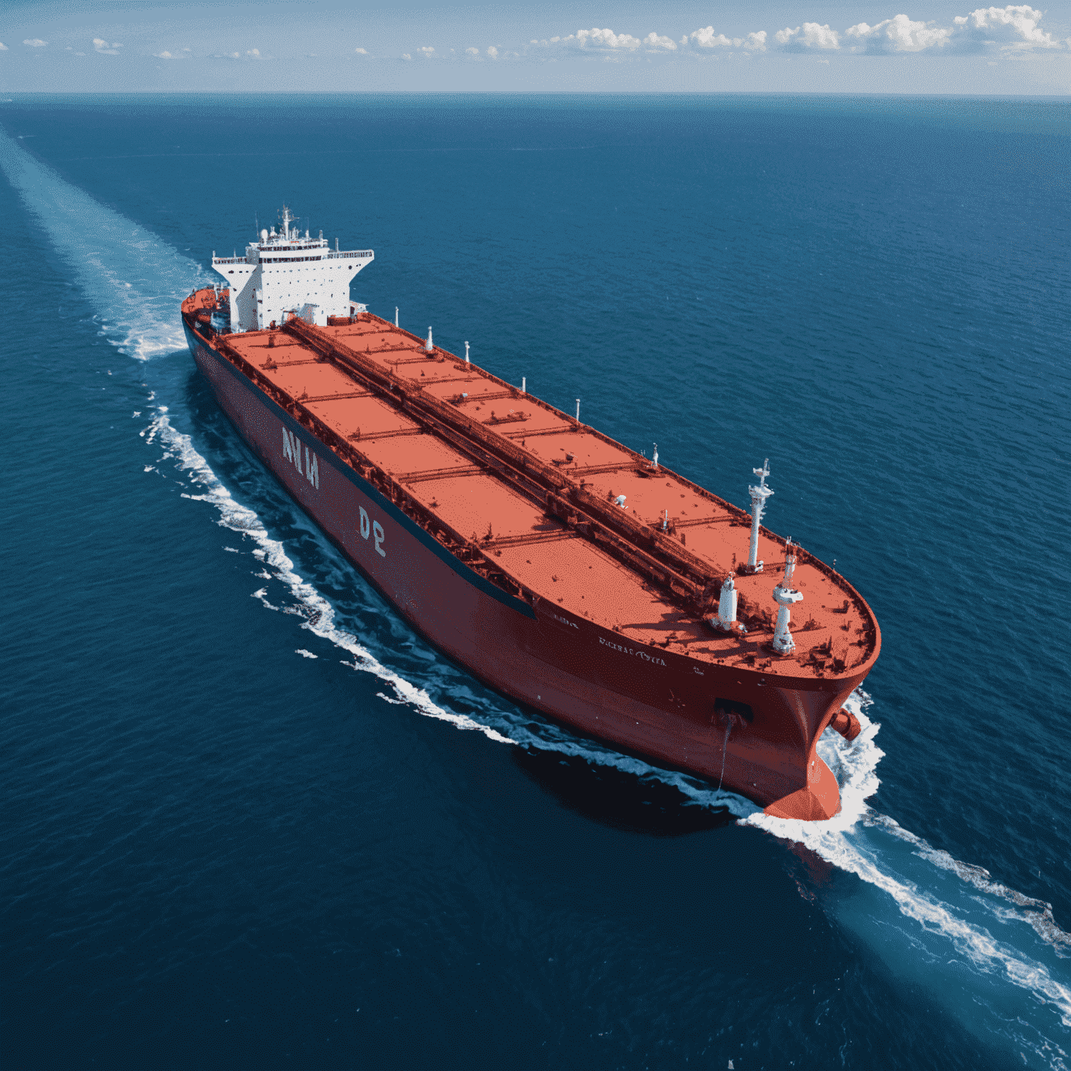 Large oil tanker ship sailing across the open ocean, its massive red hull contrasting against the blue water and sky