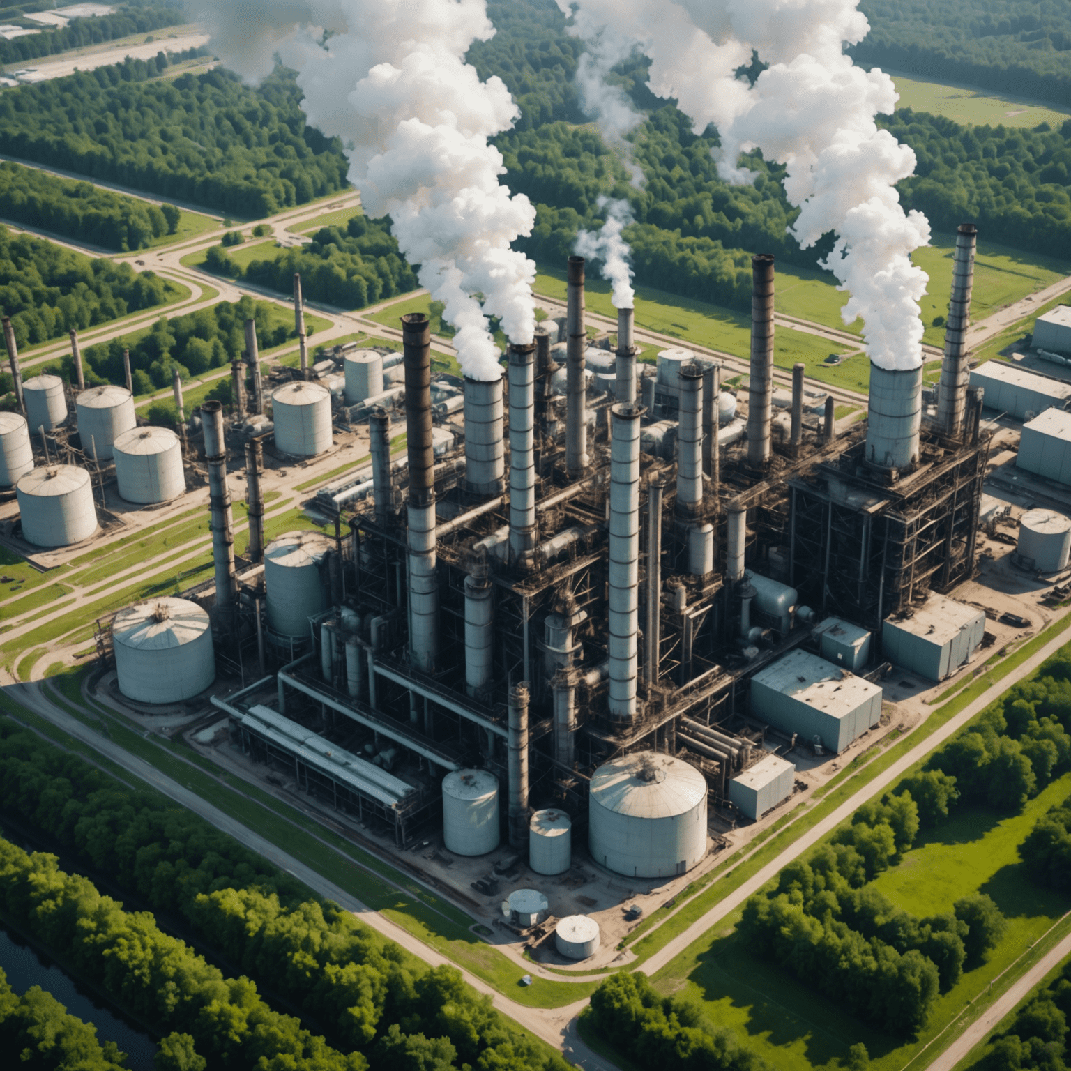 Aerial view of an oil refinery with smoke stacks emitting pollution into the atmosphere, surrounded by lush green forest