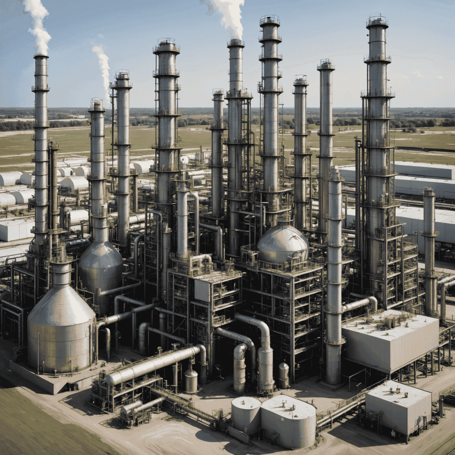 Diagram of an oil refinery showing various stages of the refining process, including distillation towers and cracking units