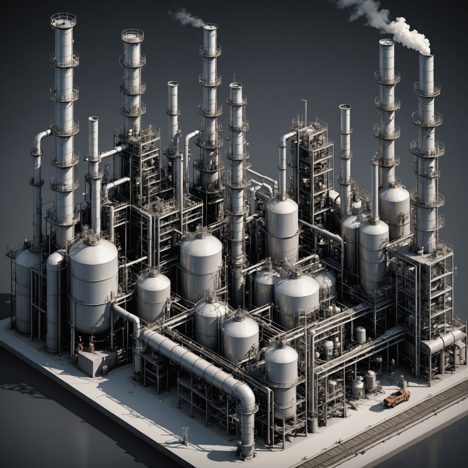 Diagram of oil refinery with various stages of the refining process highlighted