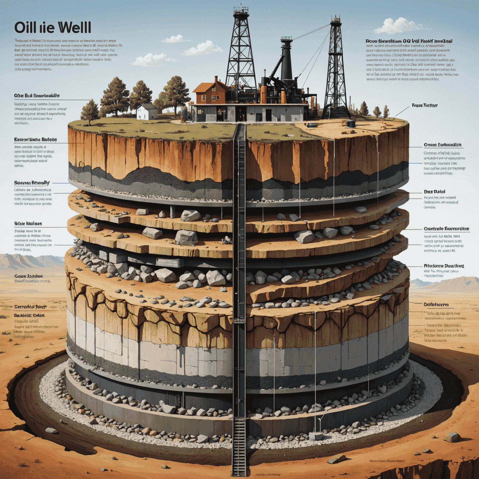 Cross-section diagram of a conventional oil well, showing the different layers of rock and the well structure