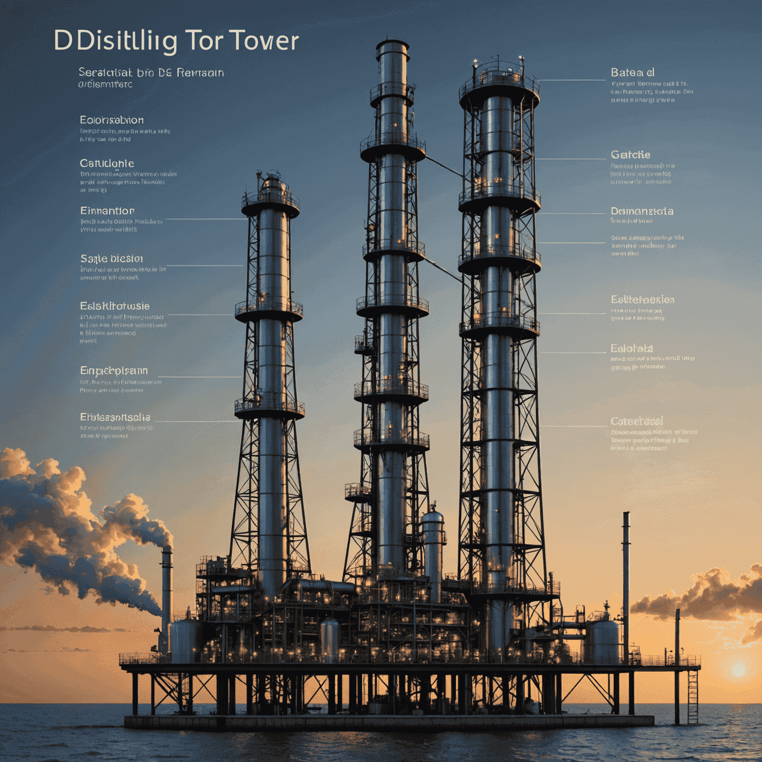 Diagram of a distillation tower showing the separation of crude oil into different fractions. The tower is labeled with temperature gradients and the various petroleum products obtained at different levels.