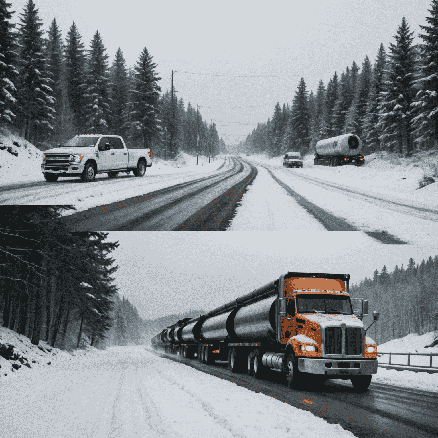 A split-screen image comparing a snow-covered landscape with a visible pipeline to trucks struggling on icy roads, illustrating the weather independence of pipeline transportation