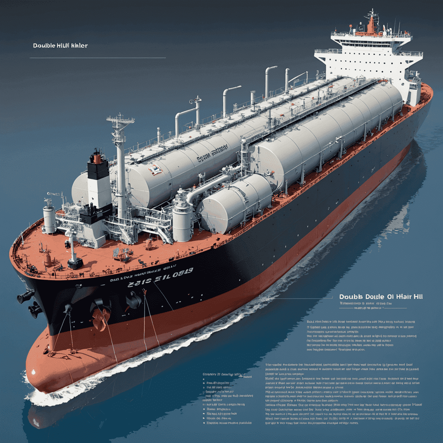 Cross-section diagram of a modern double-hulled oil tanker, showing its internal structure and safety features