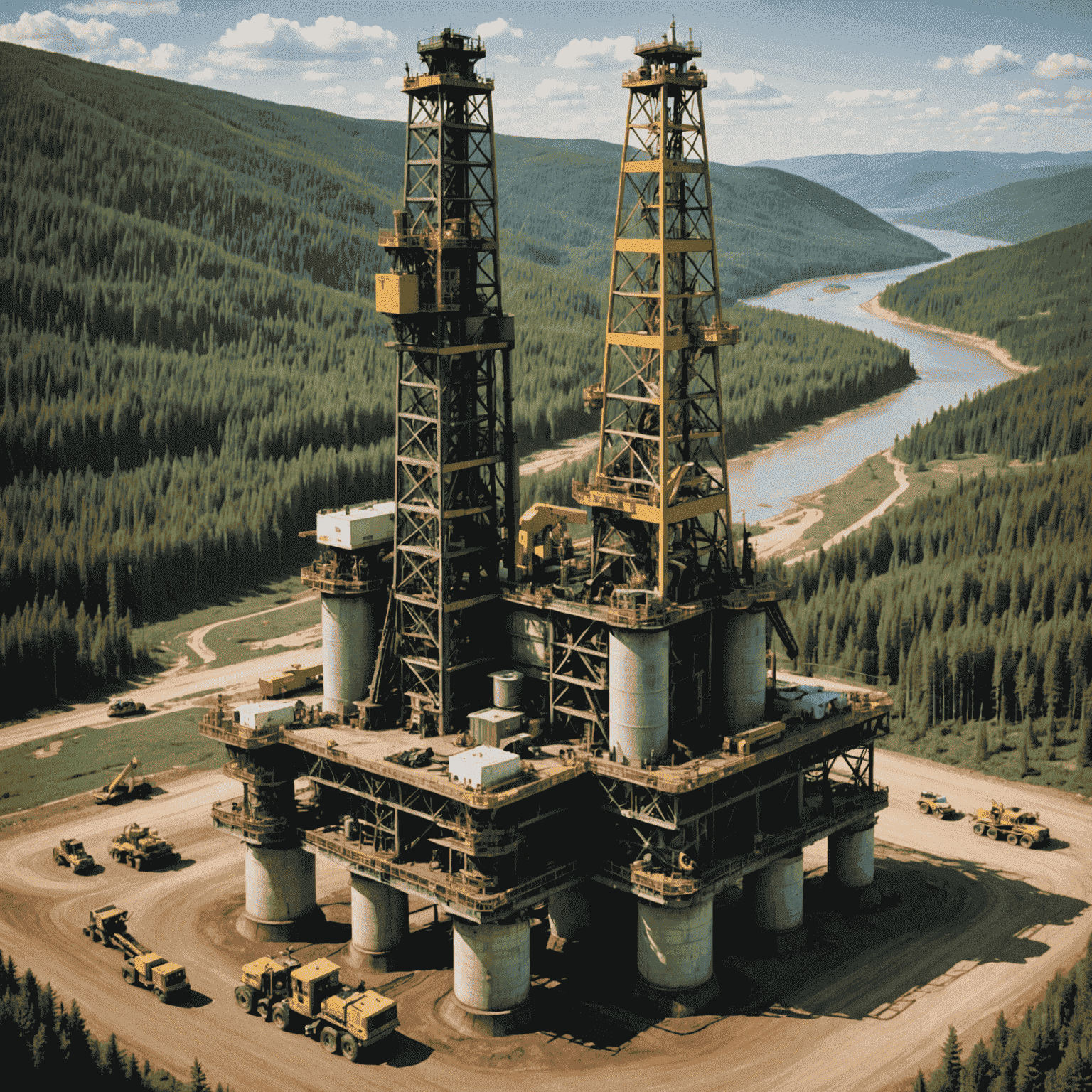 Close-up of an oil drilling rig in operation, with workers on site and a backdrop of pristine wilderness