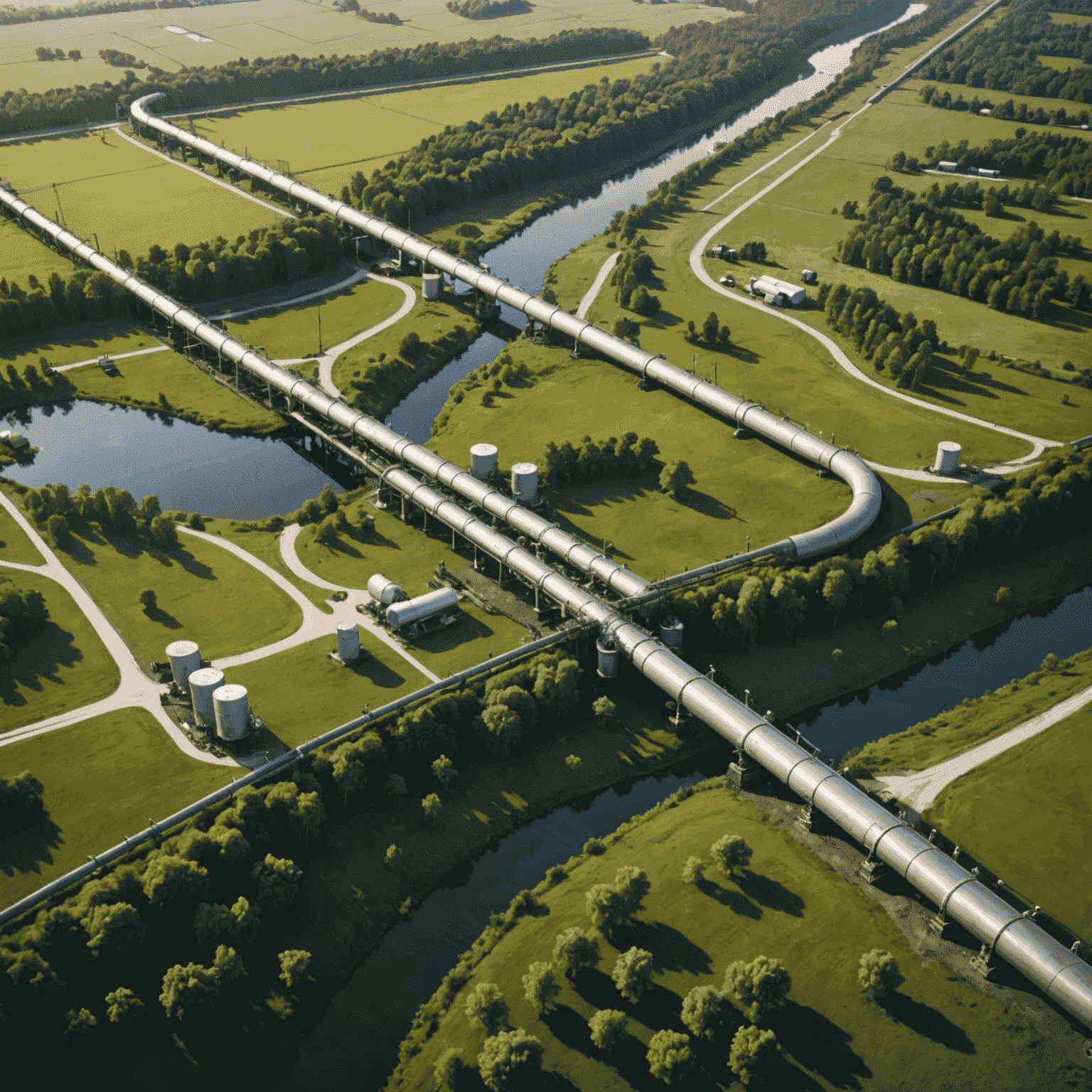 Aerial view of an oil pipeline stretching across diverse landscapes, showcasing both natural environments and industrial areas