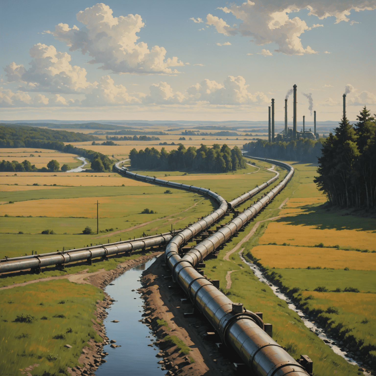 Long oil pipeline stretching across varied landscape, showcasing both natural beauty and industrial presence