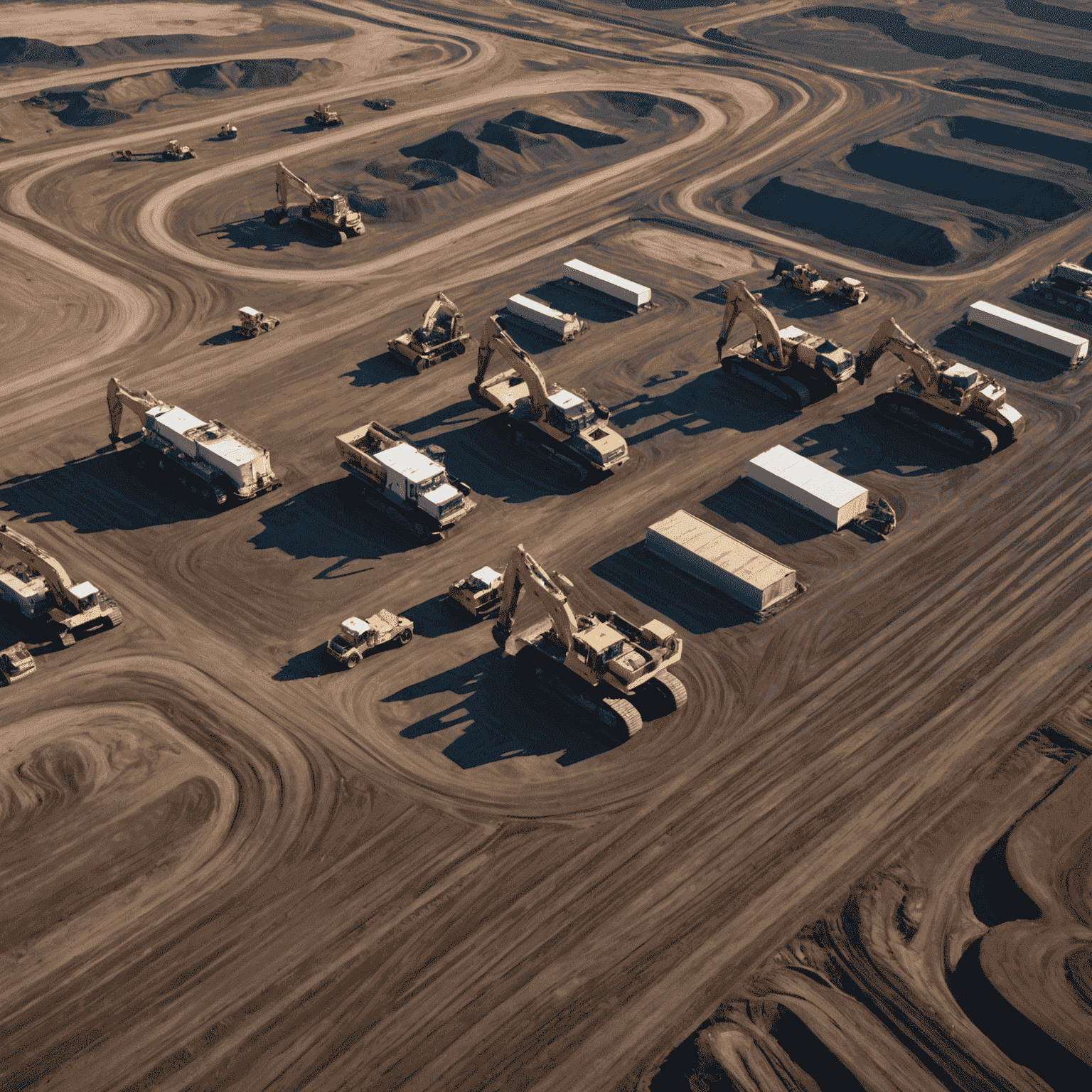 Aerial view of an oil sands mining operation in Alberta, Canada, showing large excavators and haul trucks