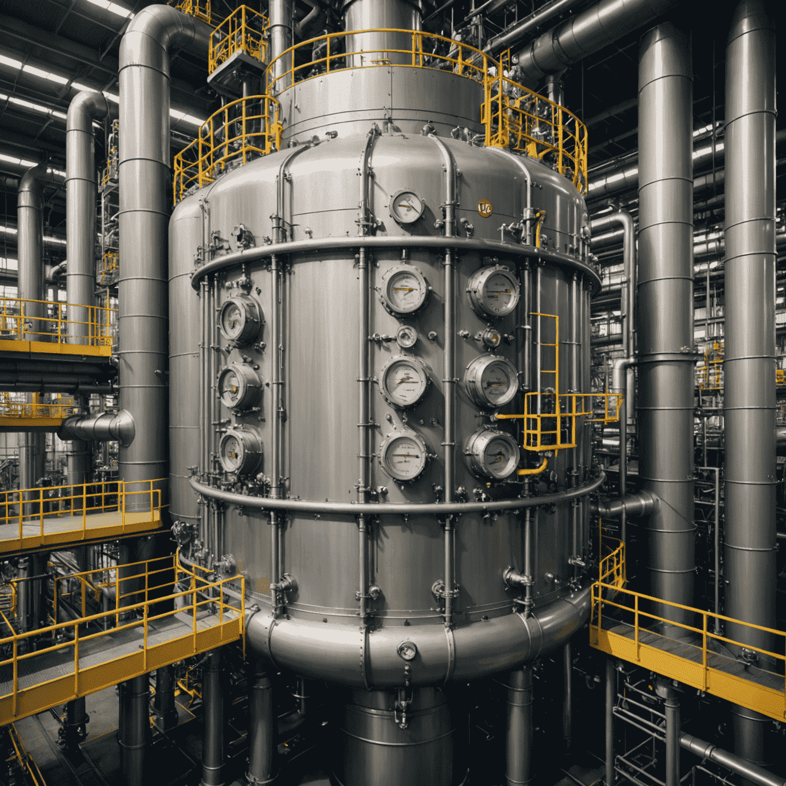 Close-up view of a hydrotreating unit in an oil refinery. The image shows a large cylindrical reactor vessel with connecting pipes and control valves, demonstrating the complexity of the treating process.