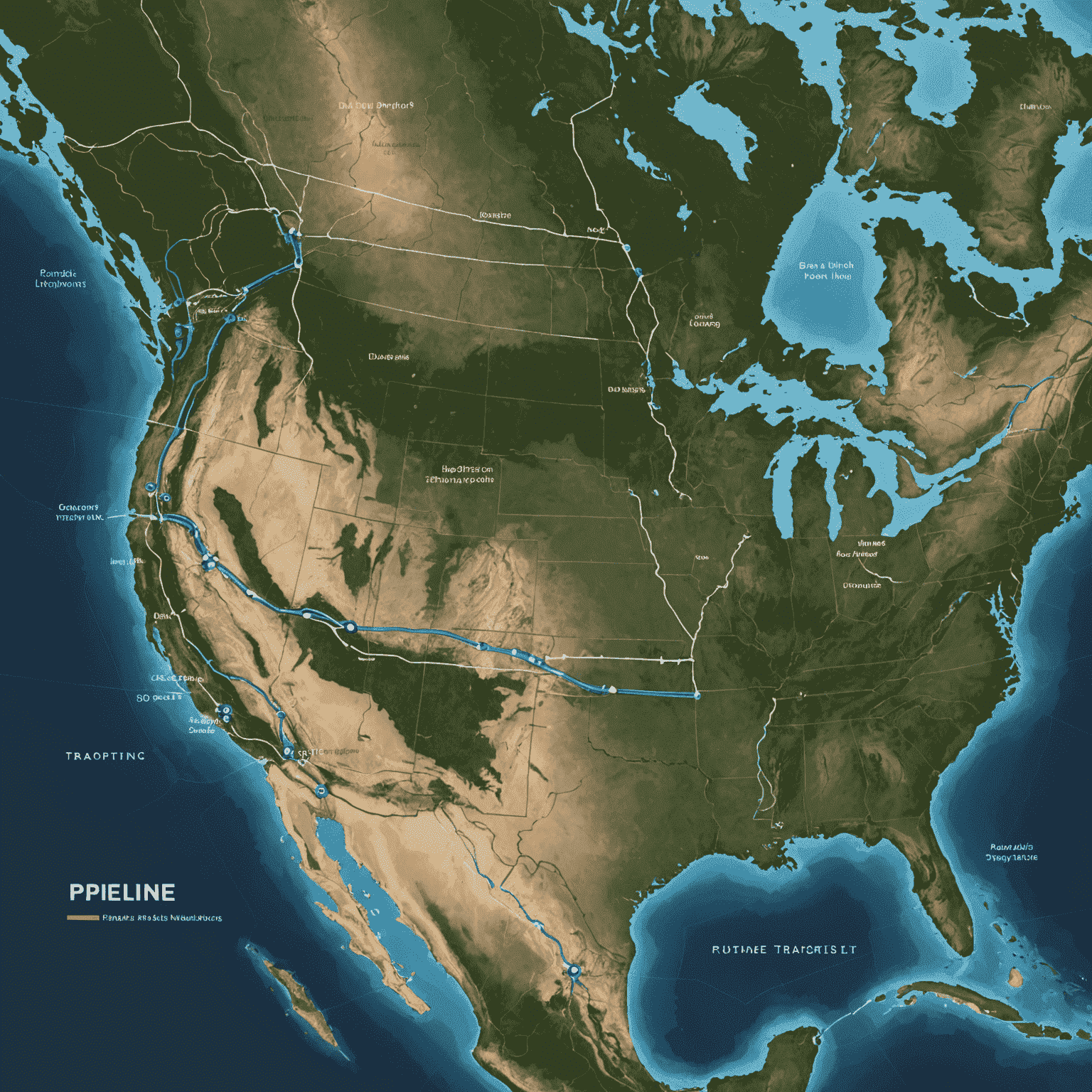 A map showing fixed pipeline routes alongside dynamic shipping lanes and rail networks, highlighting the limited flexibility of pipeline transportation