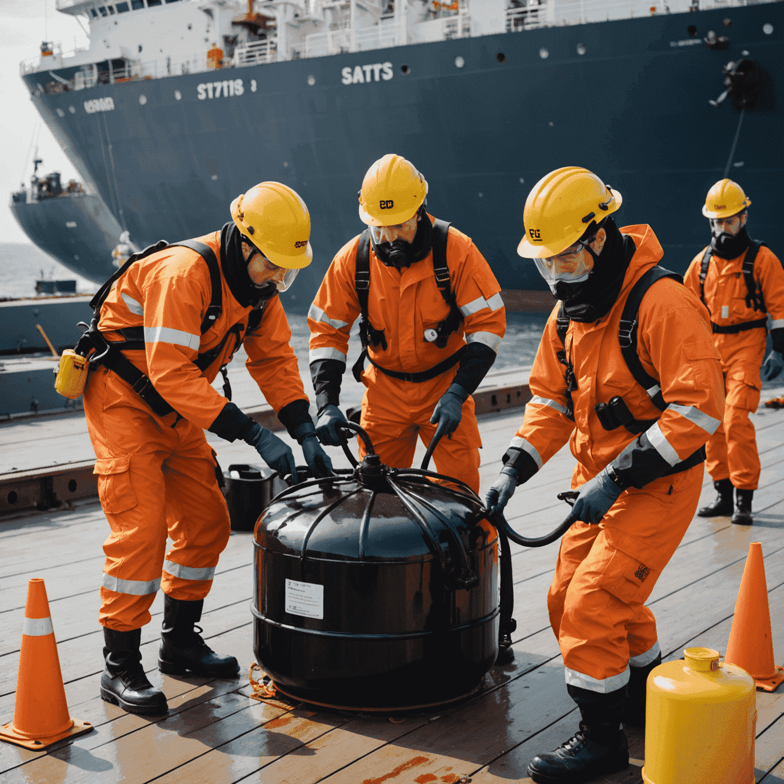 Oil tanker crew conducting a safety drill, wearing protective gear and operating spill containment equipment on deck