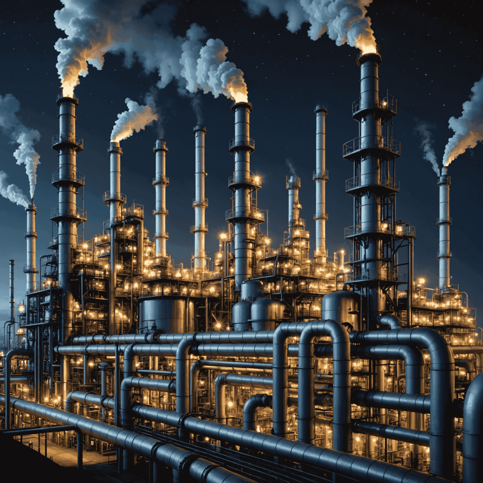 Night view of a brightly lit oil refinery with intricate pipelines and towers, smoke rising against a starry sky