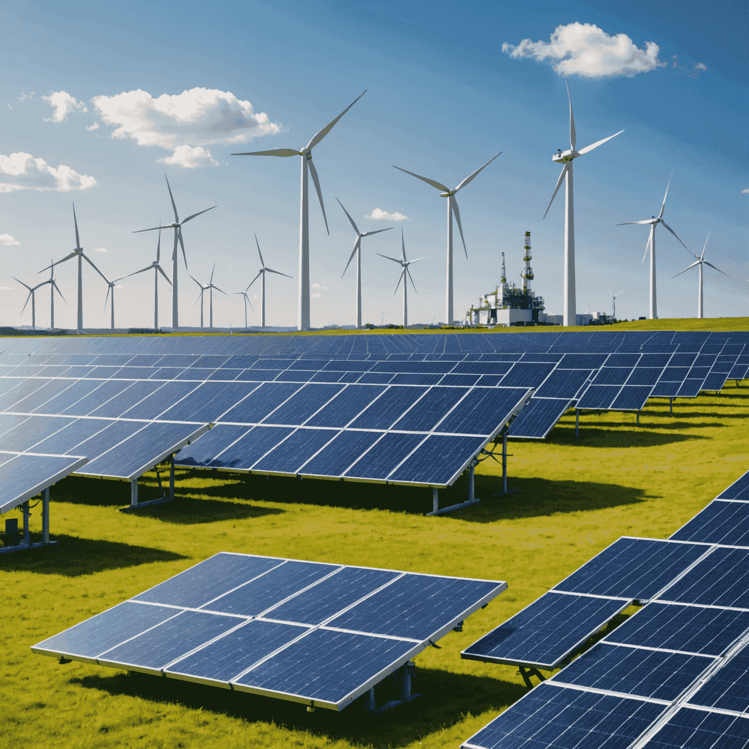 Split image showing solar panels and wind turbines on one side, and an oil rig on the other, symbolizing the transition from fossil fuels to renewable energy