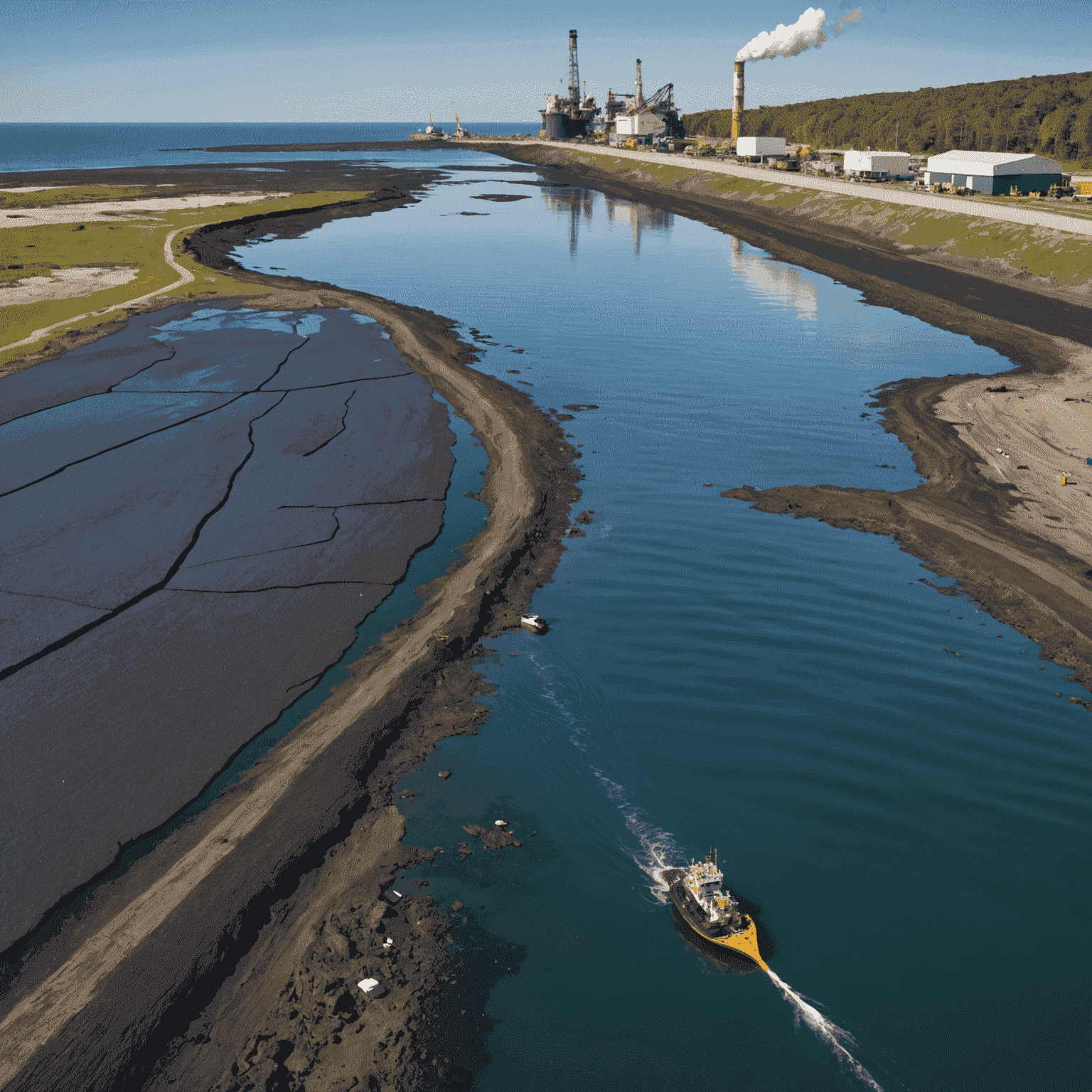 Split image showing oil spill cleanup efforts and renewable energy alternatives, representing the environmental challenges and solutions in the oil industry